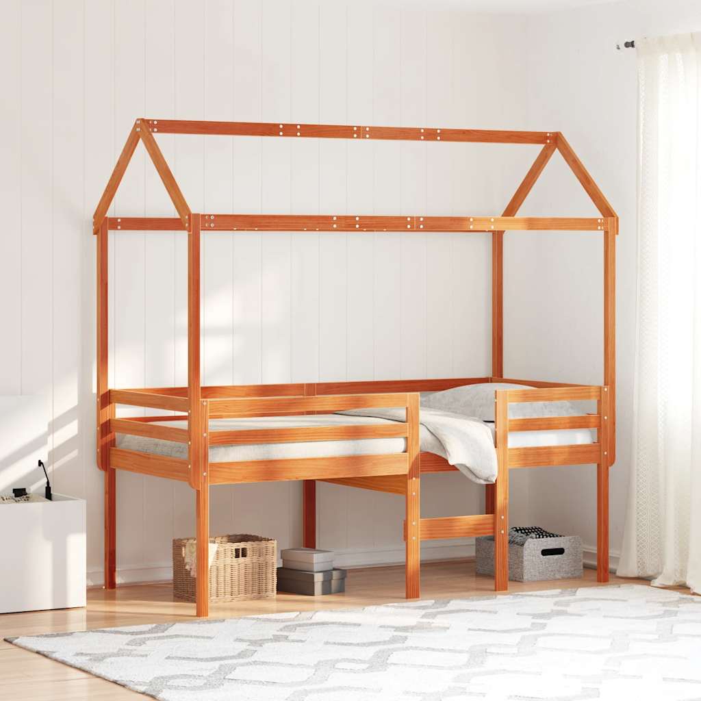High Bed with Roof Wax Brown 75 x 190 cm Solid Pine Wood