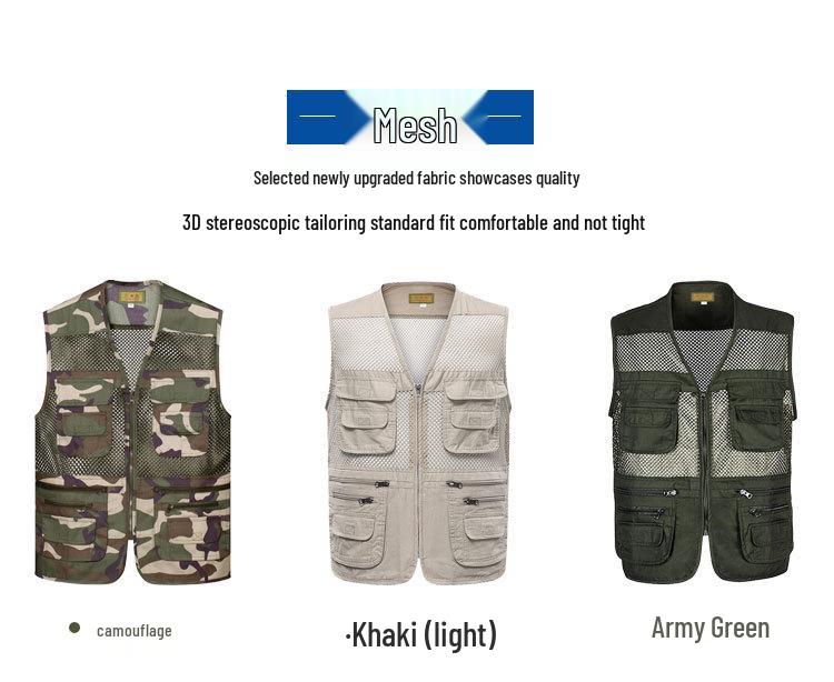 Мужской дышащий жилет с несколькими карманами для рыбалки и фотографии - Большого размера, без рукавов, тонкий стиль для среднего и пожилого возраста.