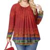 Women's Plus Size Fashion Printed Casual Pleated Round Neck Long Sleeve Top
