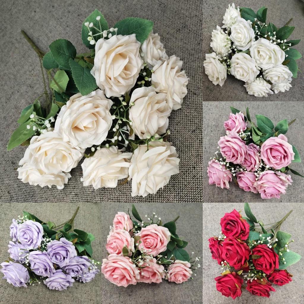 Realistic Rose Silk Bouquet 9 Stems Wedding Photography Props Decoration Home