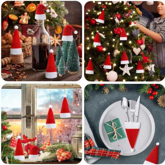 10Pcs Mini Santa Hat Wine Bottle Covers Plush Christmas Tableware Holder Velvet Lollipop