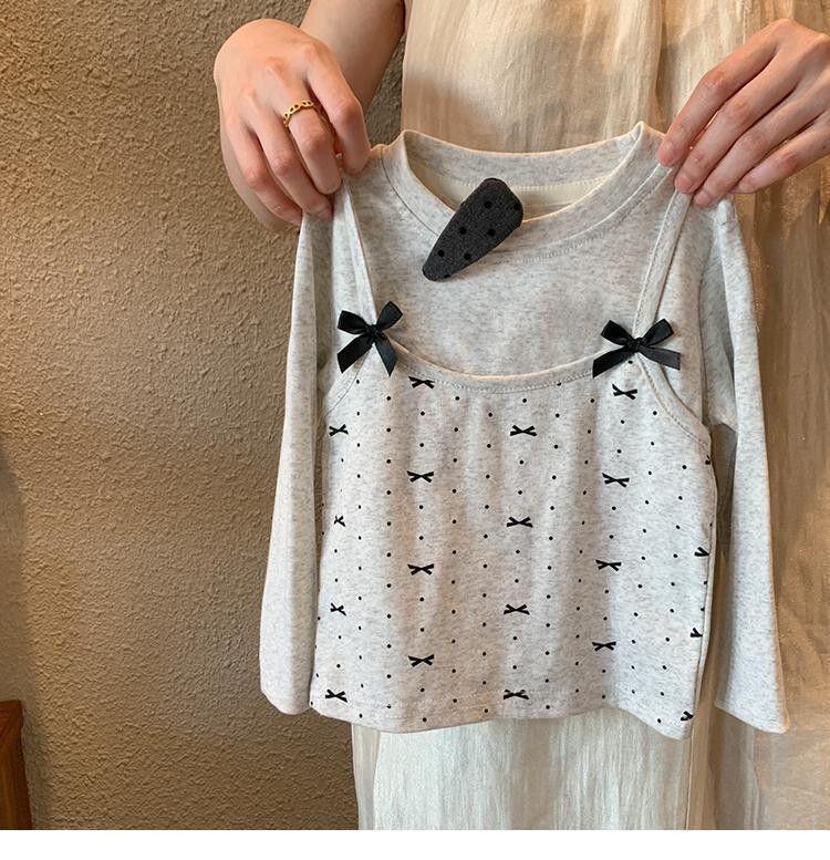 Комплект для девочек: расклешенные брюки в горошек с бантом и топ с длинным рукавом