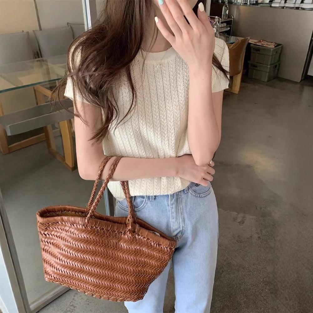 Женский топ с коротким рукавом в корейском стиле, вязаный ажурным узором, весна/лето 2025