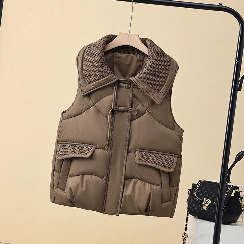 Осень и Зима Женский Новый Стеганый Лацкан Молния Карман Мода Однотонный Китайский Жилет Куртка