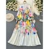 Retro Lantern Long Sleeve Positioning Print Dress Dress