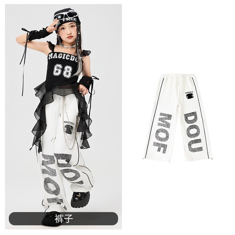Girls Hip Hop Jazz Dance Performance Outfit Streetwear Stage Costume Kids 8 Years Black Crop Top White Printed Pants