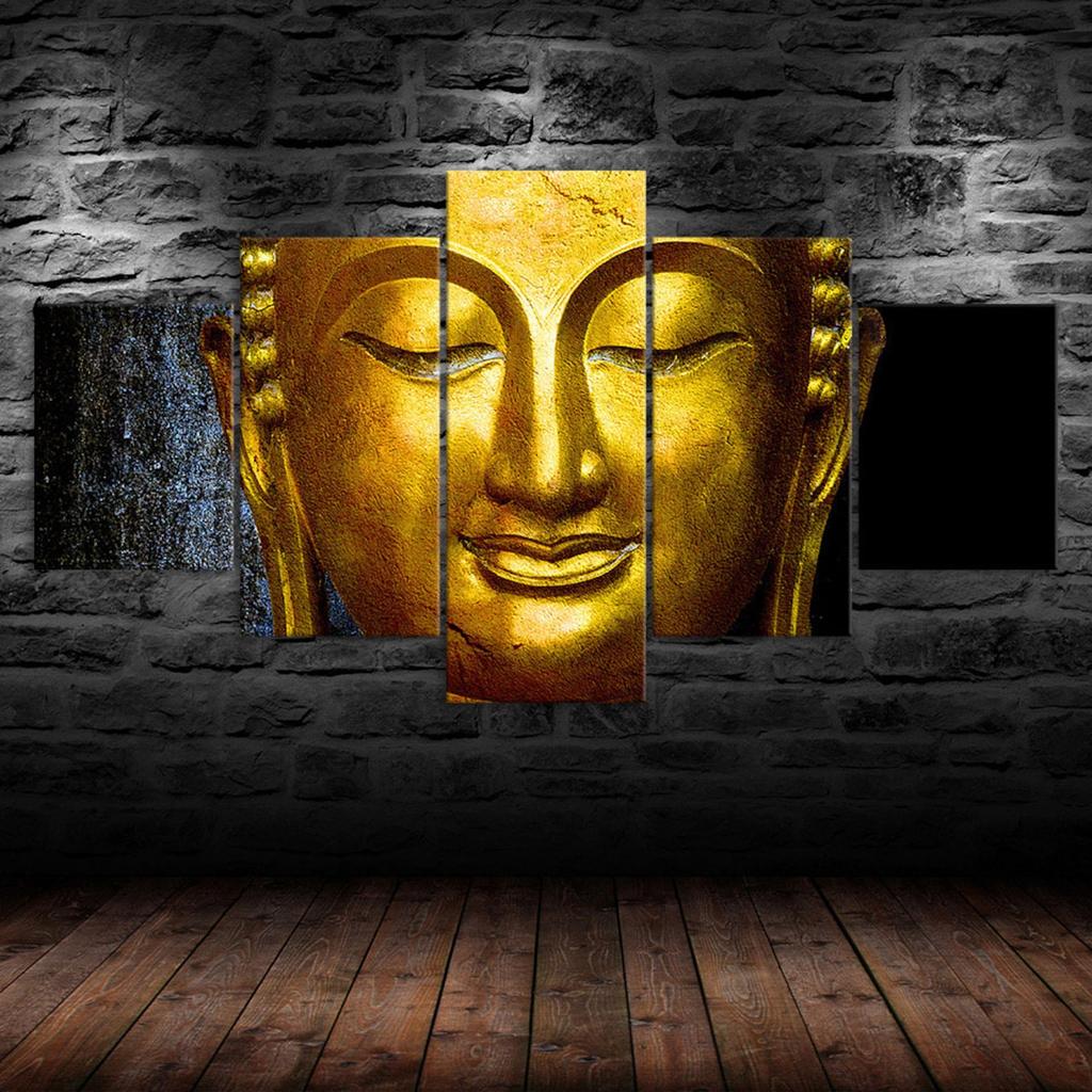 Golden Buddha Face Statue Canvas 5 Piece Wall Print Multi Panel Modern Art Poster Home Decor Picture Gift For Him For Her