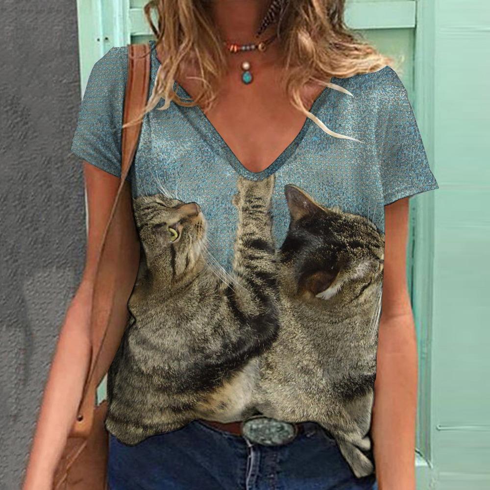 Модная женская футболка с рисунком кошки, короткий рукав, 3D-принт с изображением животных, футболка большого размера с V-образным вырезом, летняя женская одежда Y2k Harajuku