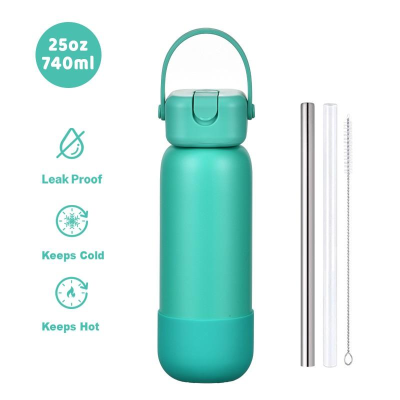 740ml Stainless Steel Vacuum Insulated Water Bottle With Carry Strap Leakproof Sport Cup Outdoor Hiking Gym Office Travel