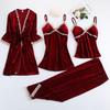 Пижамный костюм бордового цвета для женщин, комплект из 4 предметов, кимоно, ночная рубашка, одежда для сна для женщин, зимний теплый полосатый золотой бархатный халат