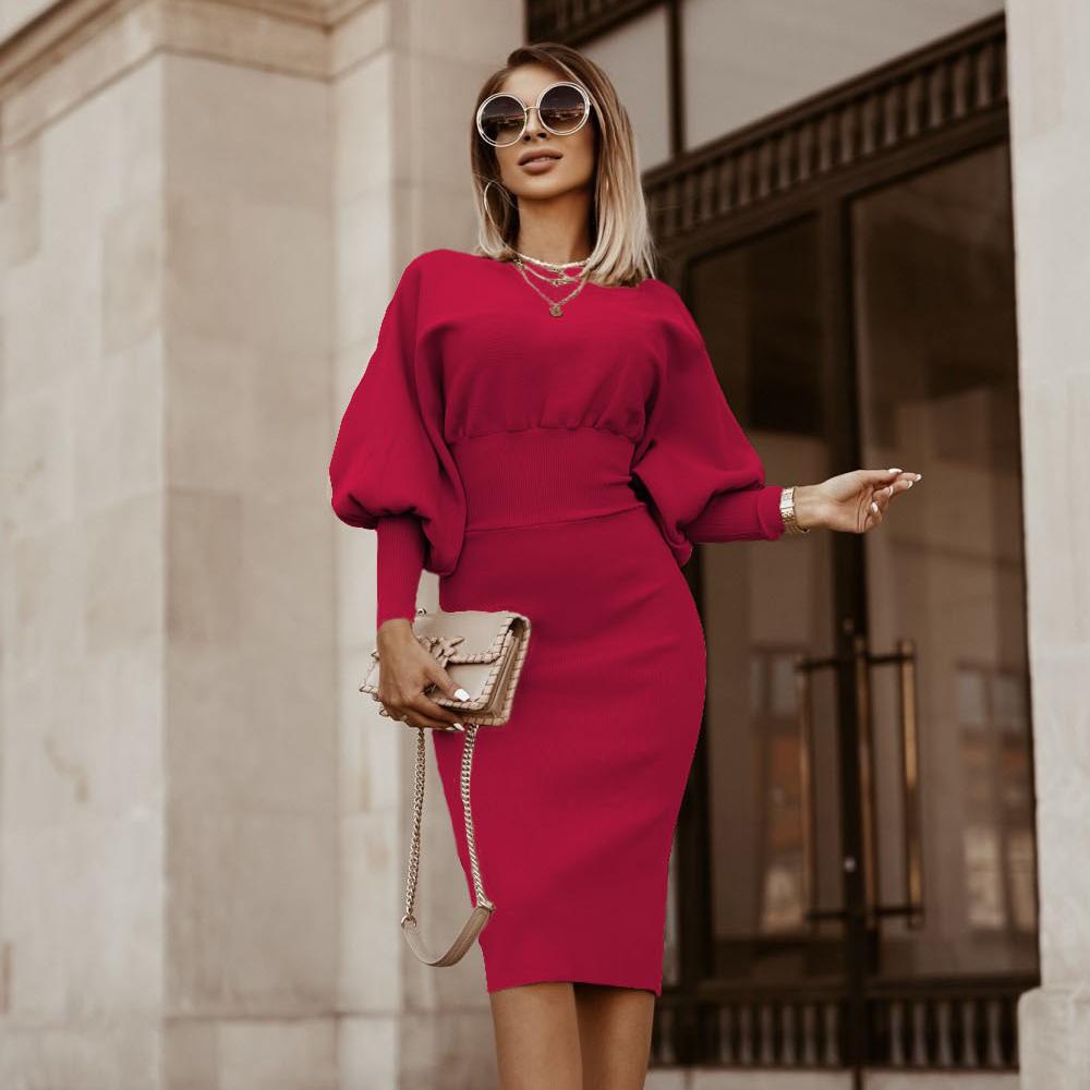 Женское зимнее платье-карандаш 2025 | Однотонное с рукавами-фонариками и приталенное | Осеннее облегающее платье-бодикон - Теплая юбка-карандаш (S-3XL)