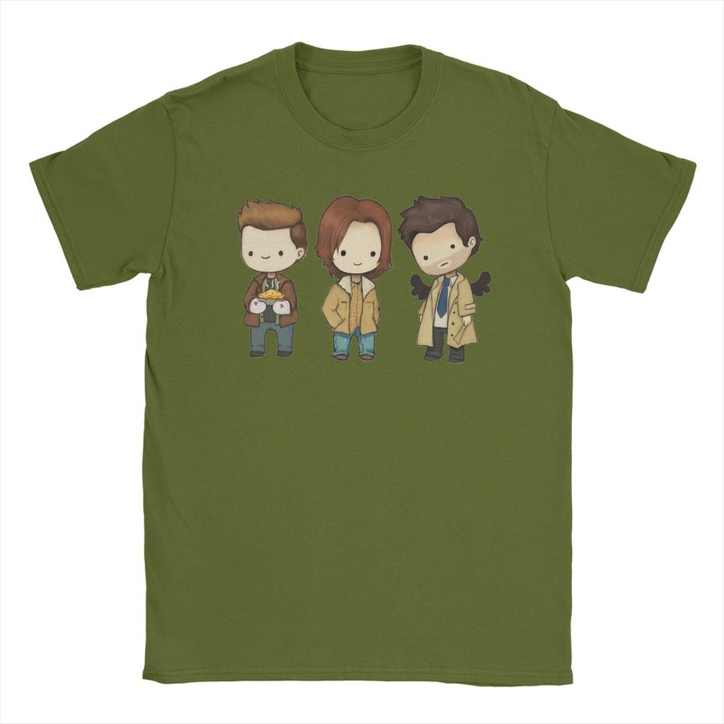 Мужская футболка Sam Dean Castiel Supernatural Chibi Футболка ТВ-шоу 100% Хлопок Одежда Футболка с круглым вырезом Новое поступление Футболка