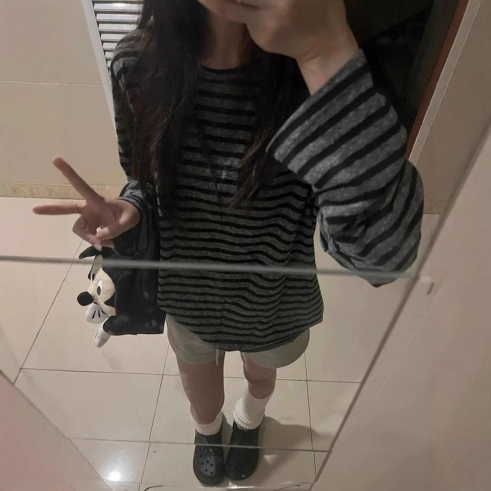 Женская футболка с длинным рукавом в полоску с цветными блоками - Корейский свободный крой, Шикарный гонконгский стиль
