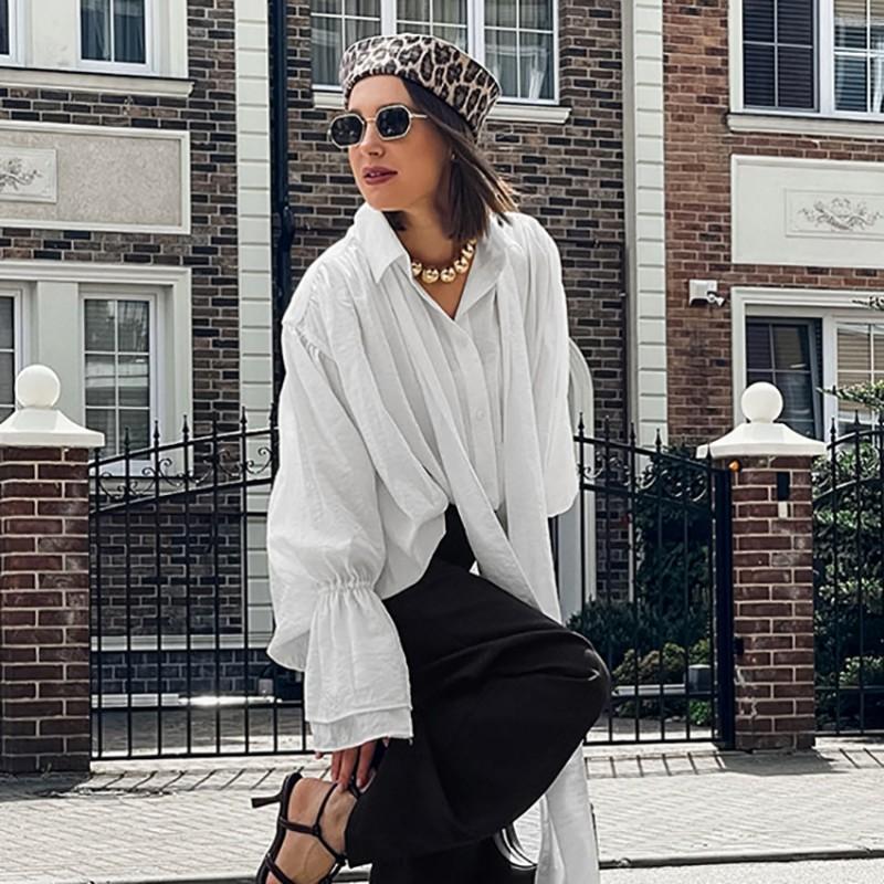 Womens White Flared Sleeve Shirt 2026 Commuter Loose Blouse Elegant Top