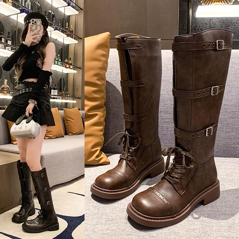 Ladies Shoes On Sale  High Quality Lace Up Women's Boots Winter Round Toe Keep Warm High Tube Chunky Heels Fashion Boots