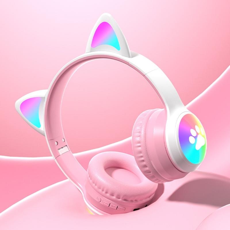 Беспроводные Bluetooth-наушники с активным шумоподавлением, уши кошки, светодиодные, складные, поддержка карт TF
