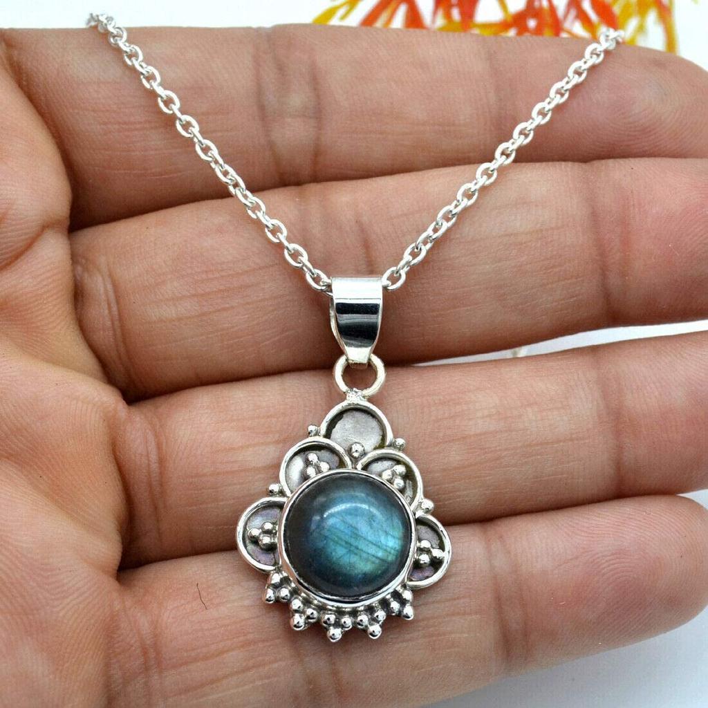 Круглый кабошон Натуральный лабрадорит (8,80 карата) Ожерелье с подвеской Твердая подвеска из стерлингового серебра 925 пробы с цепочкой