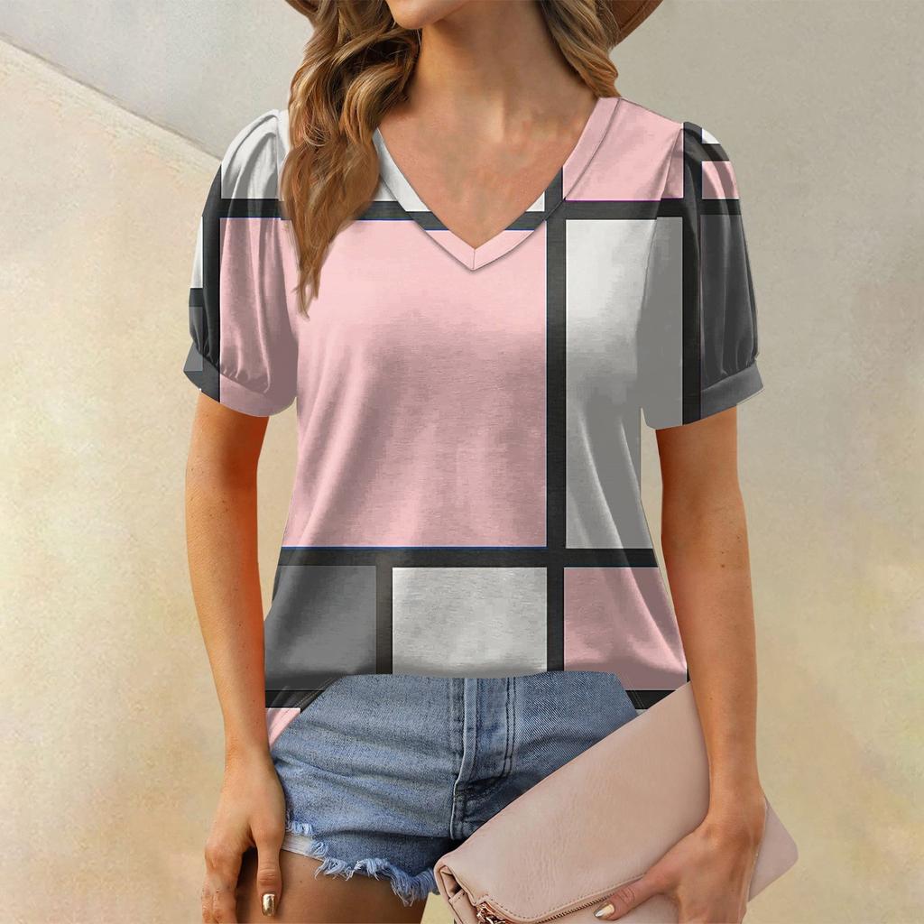 Женская модная футболка с коротким рукавом и V-образным вырезом, с принтом в стиле пэчворк, с цветными блоками, свободная повседневная футболка
