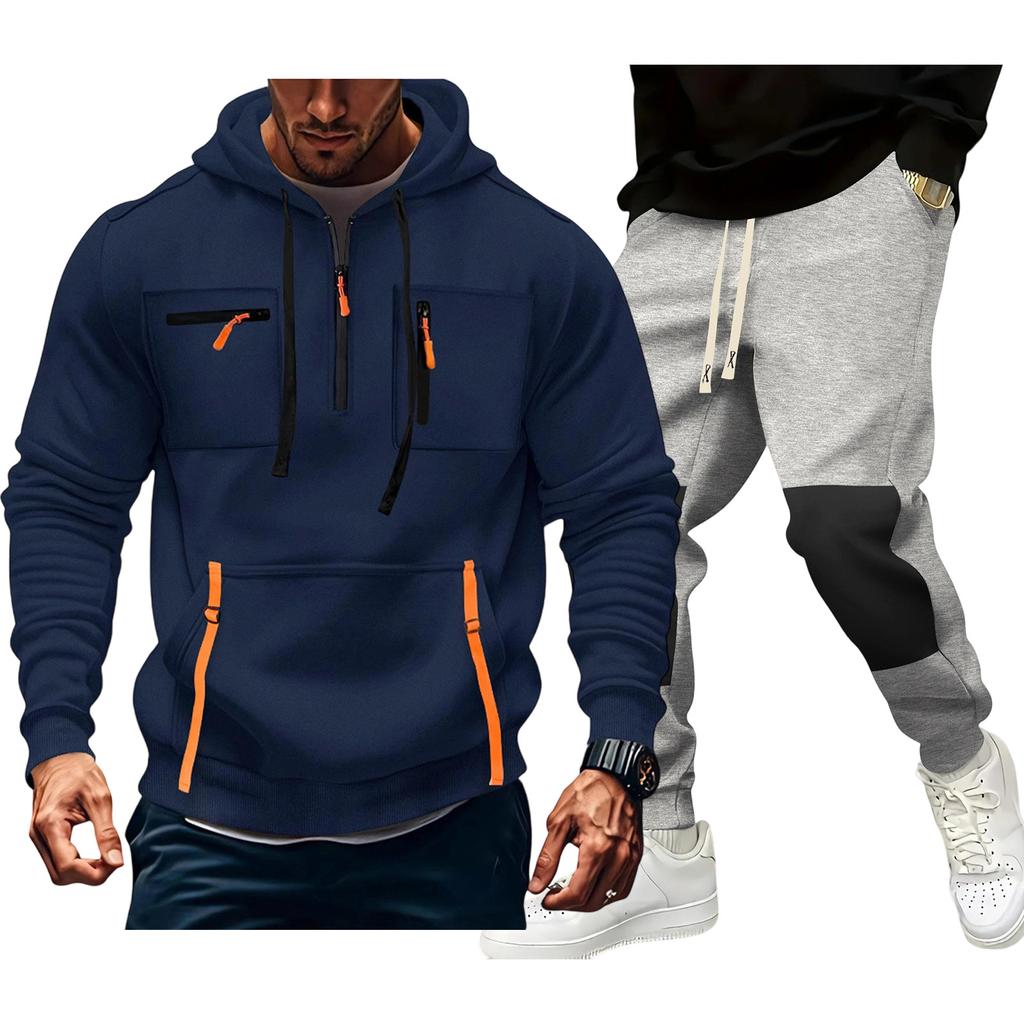 Men'S Hoodie Multi Pocket Hooded Long Sleeved Casual Sports Two-Piece Set