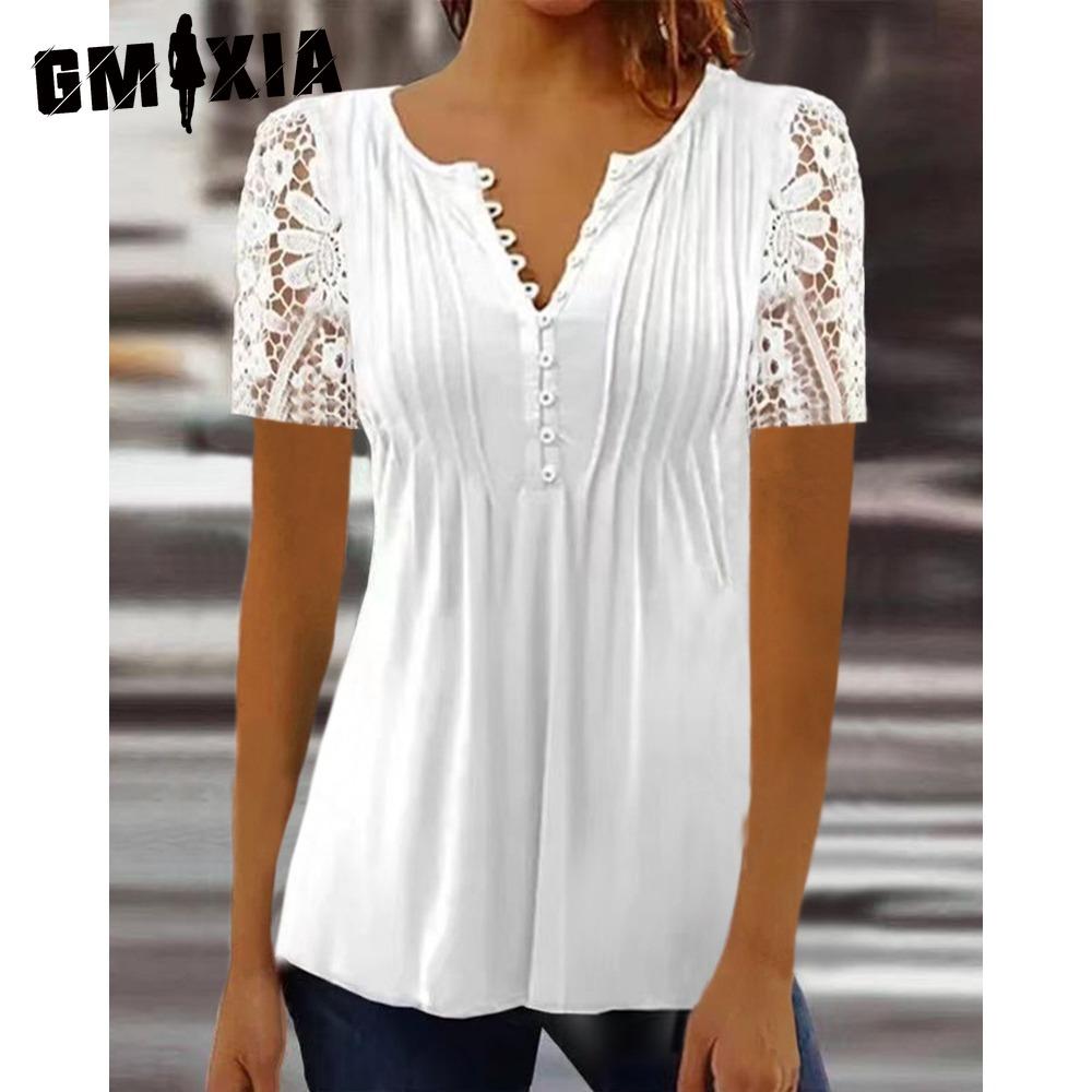 GMXIA Женские модные повседневные кружевные кружевные рукава, прессованные летние однотонные блузки и рубашки с короткими рукавами и v-образным вырезом с принтом