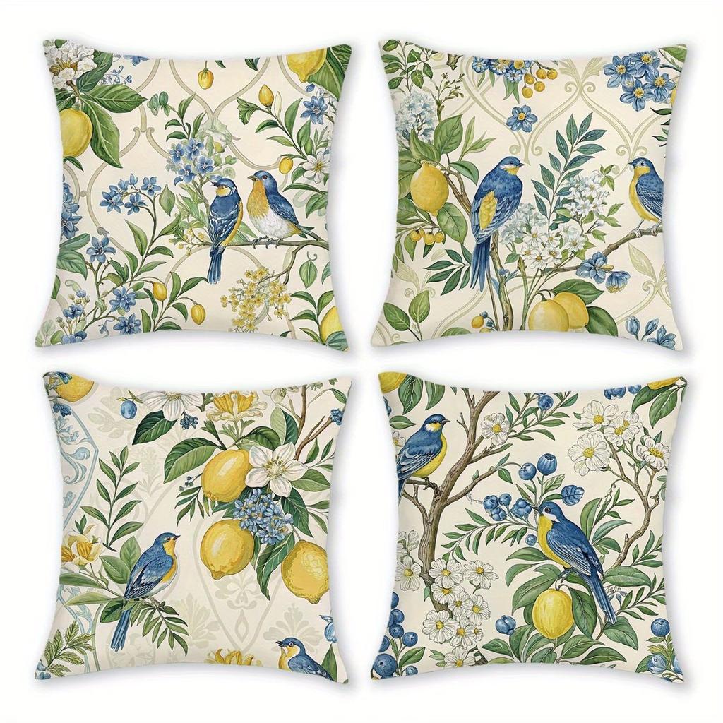 4Pcs Lemon Throw Pillow Covers, Mediterranean Blue , Summer Farmhouse Style Pillowcase For Sofa Couch Living Room Decoration