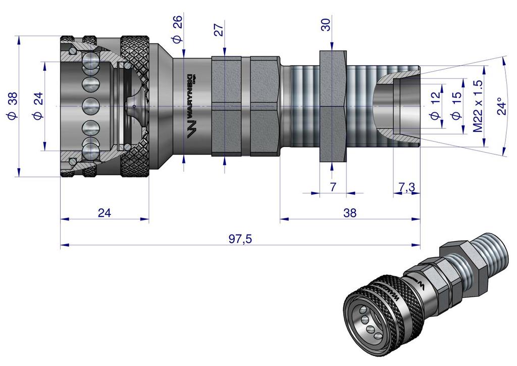Szybkozłącze Hydrauliczne Gniazdo Z Eliminatorem Ciśnienia Long M22X1.5 Gwint Zewnętrzny Euro (9100822Gl) (Iso 7241-A) Waryński