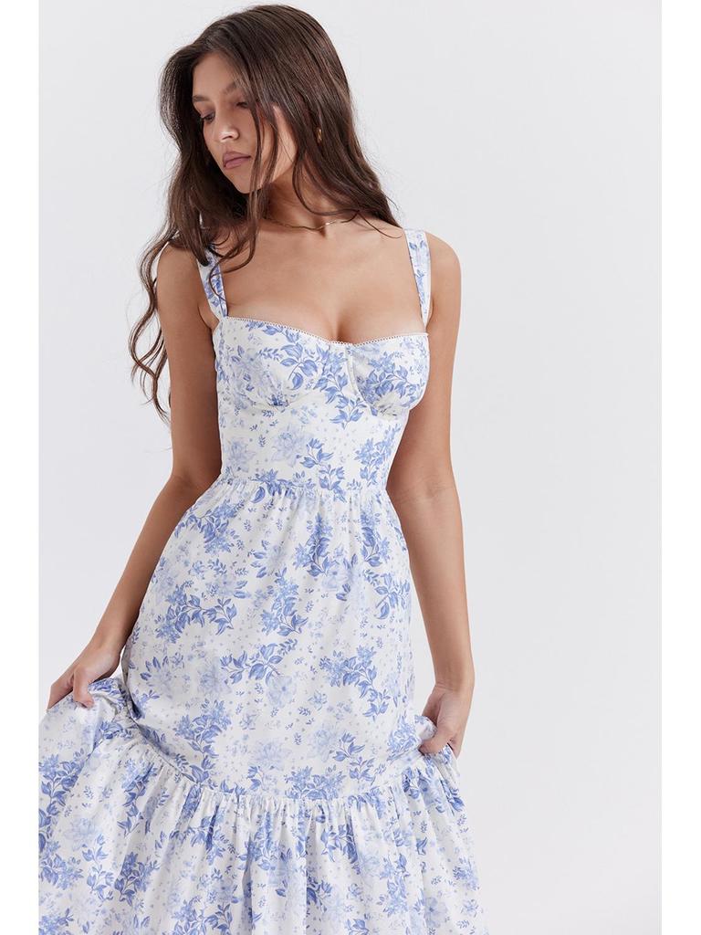 Платье-трапеция в пасторальном стиле с цветочным принтом 2023 года, подтяжками и короткими рукавами