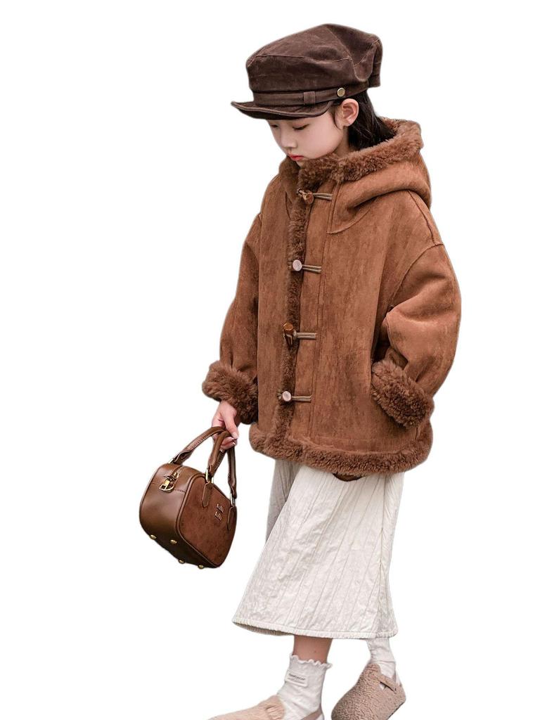 Детское пальто из искусственной овчины с капюшоном в корейском стиле - Зимнее теплое цельное пальто на пуговицах-дафлкотах для мальчиков и девочек