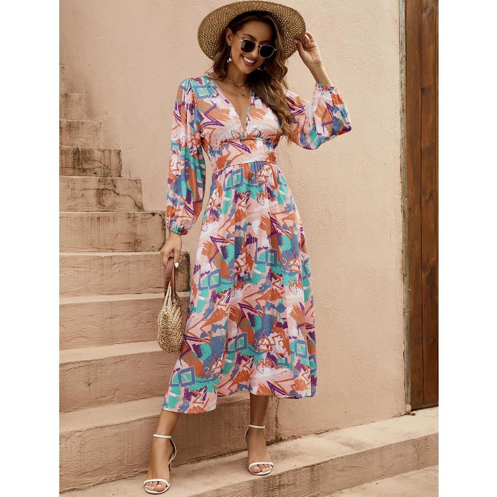 Real spot European and American multi-color irregular geometric printing deep v waist lantern long sleeve big pendulum dress