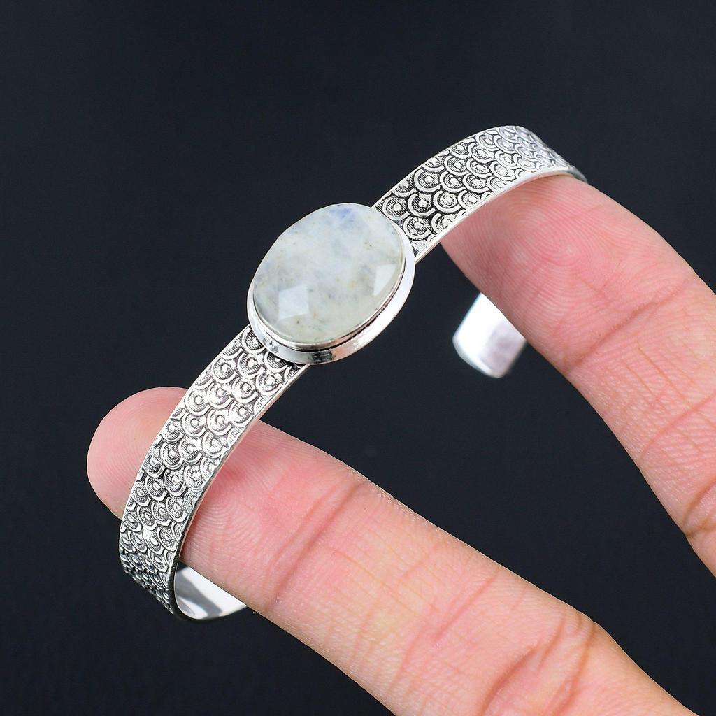 Natural Rainbow Moonstone Gemstone Bangle Adjustable 925 Silver For Girls