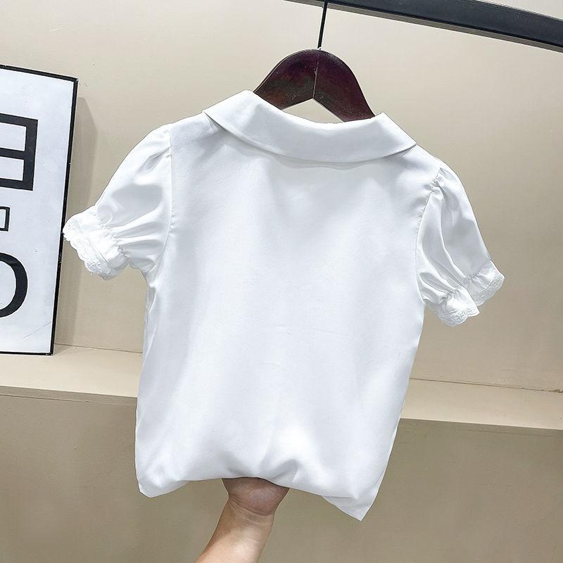 Летняя детская одежда, милые кружевные повседневные топы с короткими рукавами, блузка для детей, модные однотонные рубашки с отложным воротником для девочек