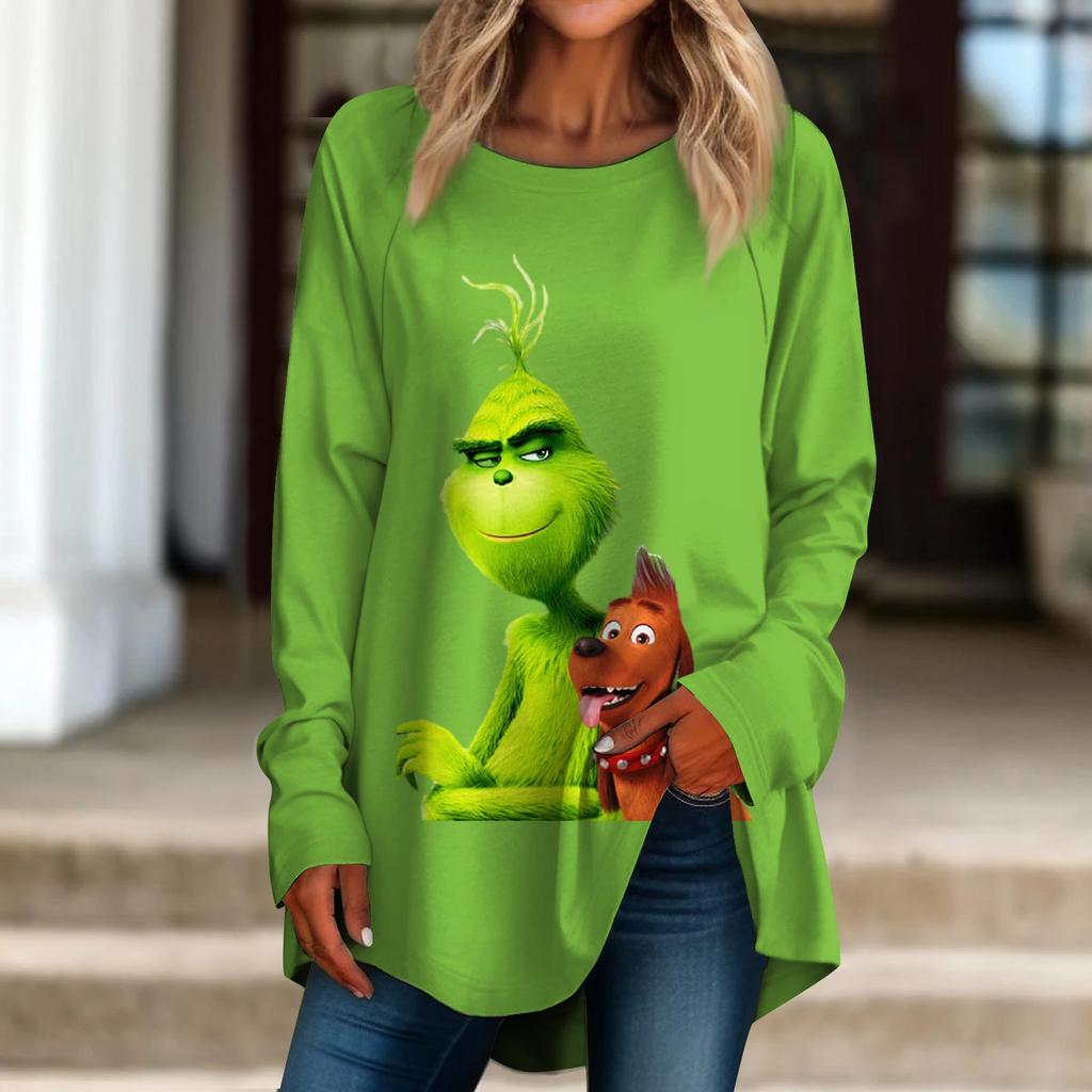 Women's Casual Plus SizeLong Sleeved Round Neck Christmas Printing T-shirt Top Pullover