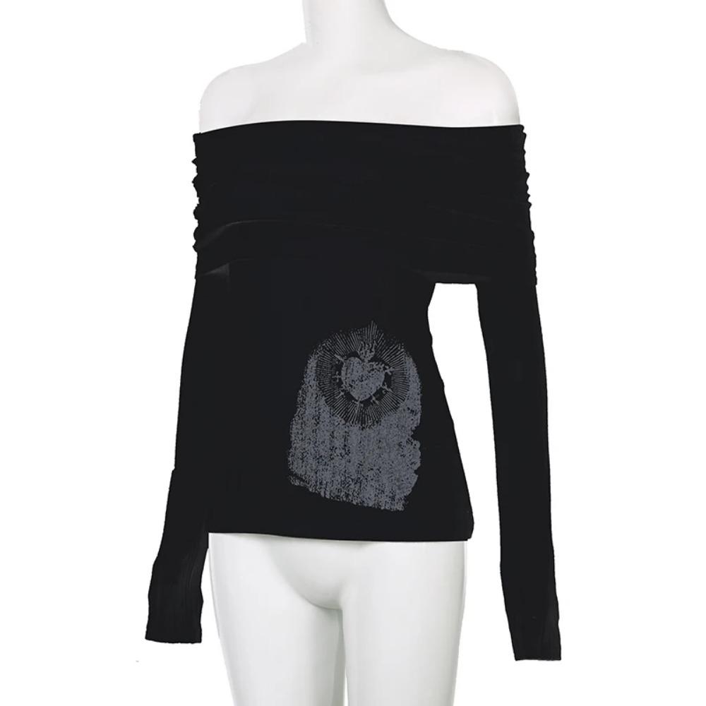 Прозрачная темная футболка с принтом Повседневная футболка с разрезом по горловине и длинным рукавом Женская мода Уличная одежда для женщин