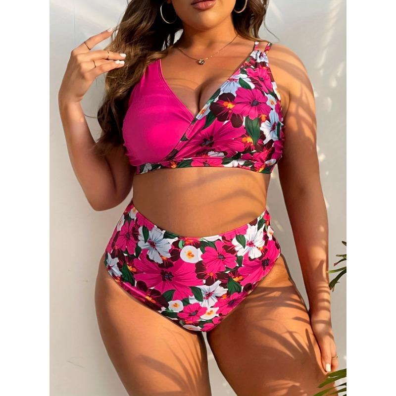 Europe and The United States New Women's Large Size Split Bikini Digital Printing Gather Fashion Swimsuit