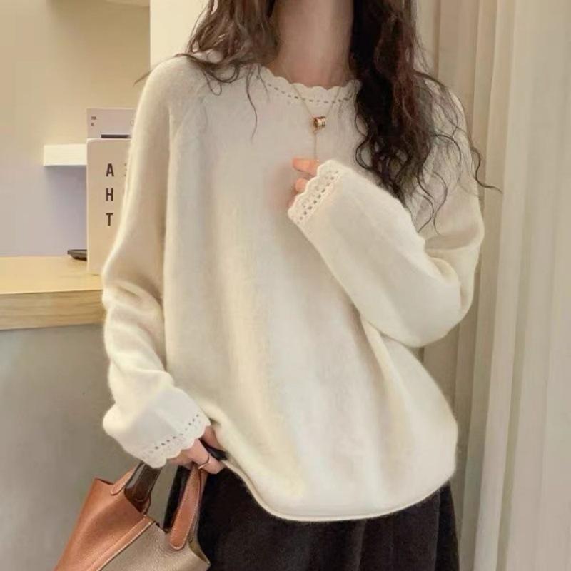 Women's Thickened Lace Collar Wool Sweater - 100% Pure Wool, Autumn/Winter Round Neck, Stylish Loose Knit Top