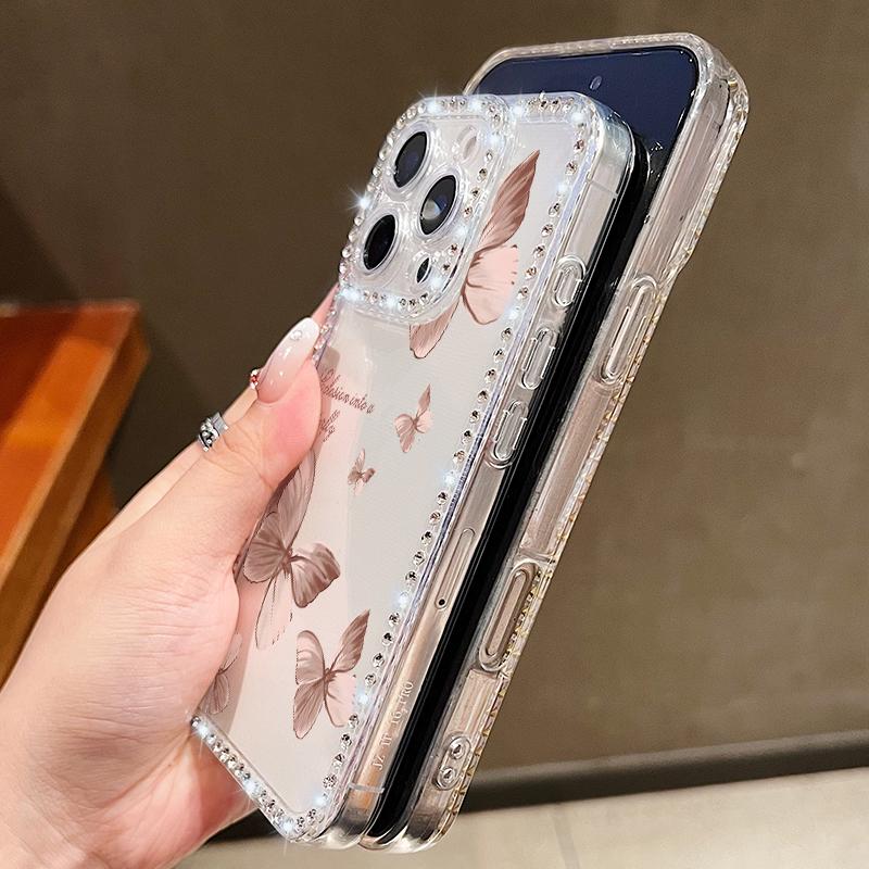 Для iPhone 16 Pro 16E 15 Pro Max 14 13 12 11 Чехол для телефона Бриллиантовая рамка Принт бабочки Прозрачный Противоударный Мягкий силиконовый Бампер с защитой от падений