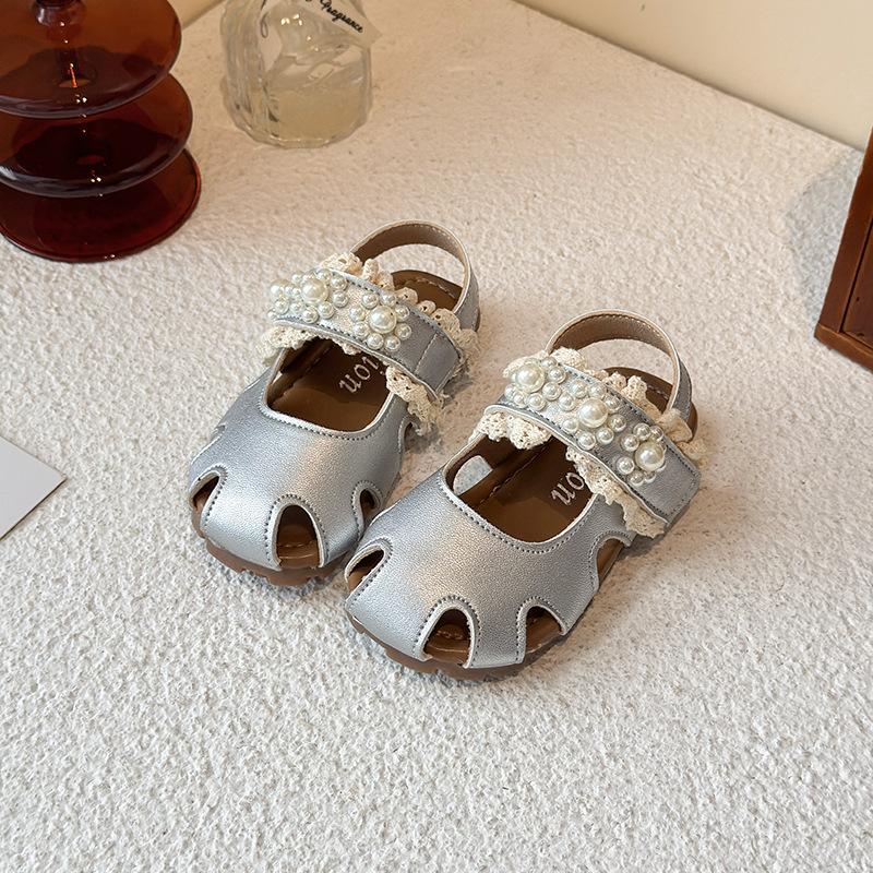Girls' new summer princess shoes, Korean-style closed-toe sandals, soft-soled, non-slip, fashionable and versatile single shoes with pearls