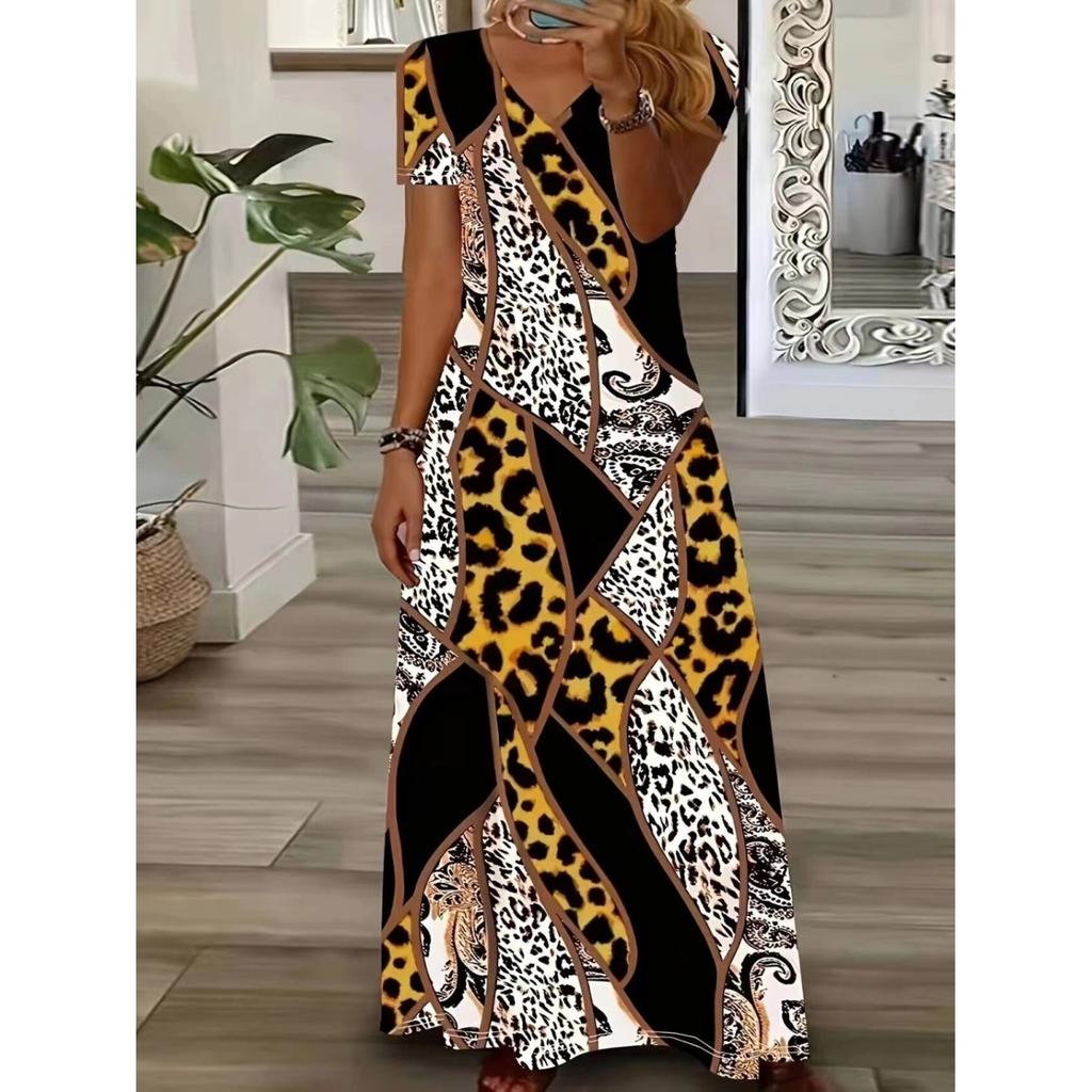 Женское летнее макси-платье с V-образным вырезом, короткими рукавами и длинным подолом, повседневное платье в этническом стиле с принтом в стиле бохо