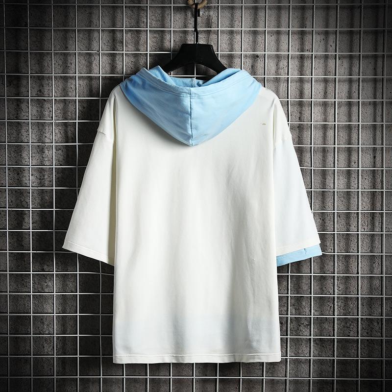 Модная мужская толстовка контрастного цвета с капюшоном и рукавами три четверти — большой размер.