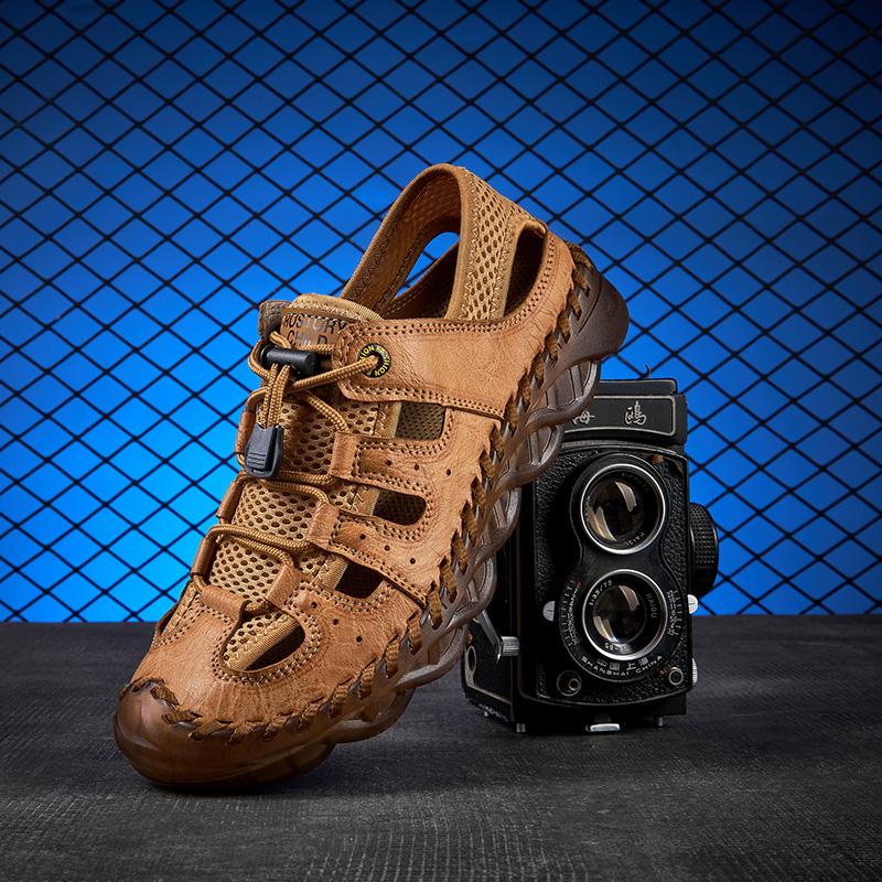 Модные мужские кожаные сандалии с ручной прошивкой, летняя обувь с вырезами, модные повседневные, для улицы, пляжные, быстросохнущие, дышащие, для ходьбы по воде