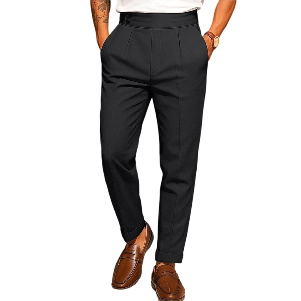 Men's Solid Color Double Button Drape Pants High Waist Straight Casual Suit Pants