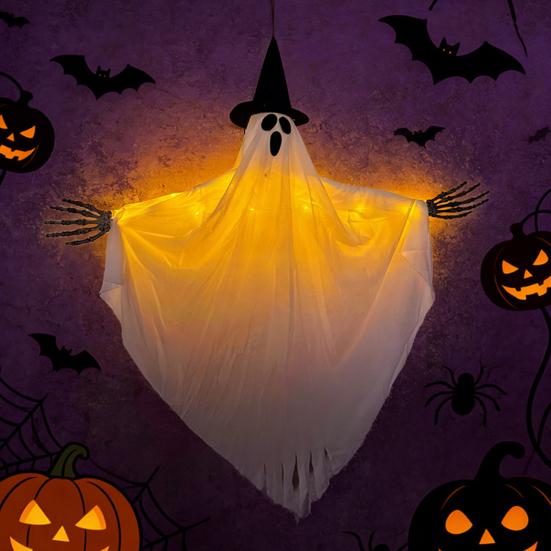 Eerie Glow Halloween Decor Hanging Ghost with Witch Hat, Light Up Spooky Easy Install Pendant Outdoor for Porch Tree, Haunted House Scene Ornament