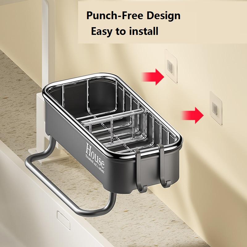 Кухонный стеллаж для хранения, органайзер, держатель для губки, дренажная корзина, крючки для полотенец из нержавеющей стали