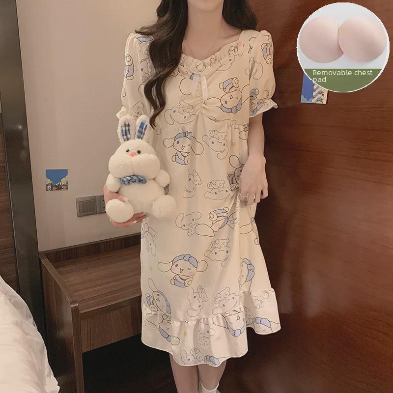 Ночная рубашка с короткими рукавами и нагрудной подкладкой 2024 года – Милый хлопковый облачный стиль в стиле мультяшной принцессы
