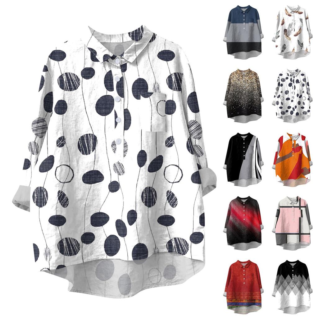 Женская рубашка-блузка с длинными рукавами и принтом на пуговицах, повседневный подол, нестандартный воротник рубашки