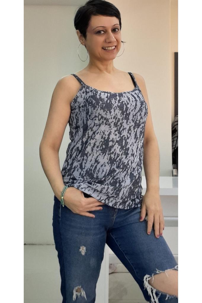 Women's Style Big Size T-Shirt Navy Blue Patterned Rope Strap Combed Cotton Viscose T-Shirt