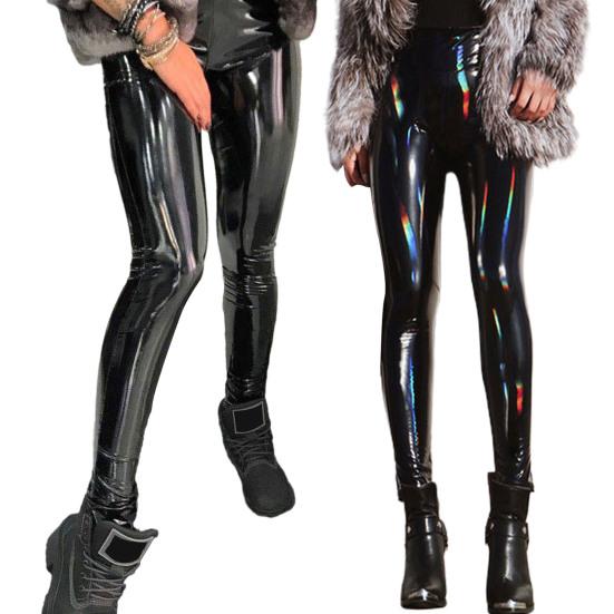 Кожаные брюки-карандаш с высокой талией и зеркальной поверхностью, однотонные блестящие узкие брюки, сексуальные брюки для ночного клуба