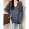 French Pink V-neck Long-sleeved Sweater for Women Winter Mid-length Soft Waxy Design Sweater