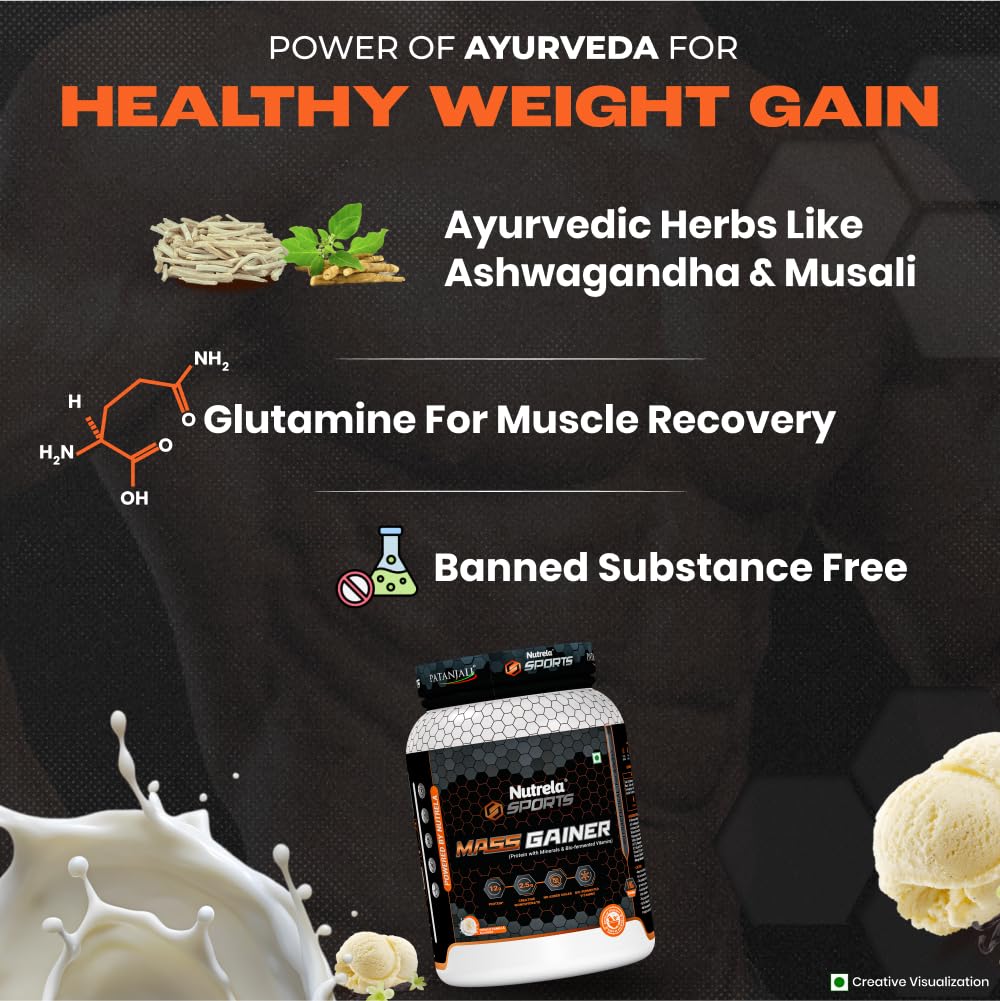 Nutrela Sports Mass Gainer 1 кг Ванильное мороженое Протеиновый порошок для роста мышц и фитнеса
