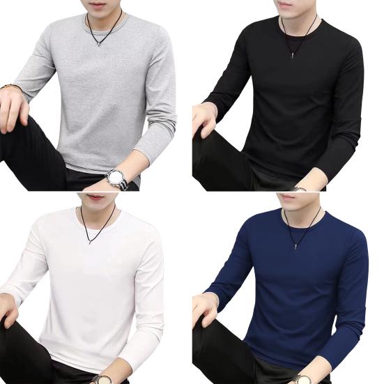 Men Top Solid Color Long Sleeve Round Neck Tee for Daily Wear Mid Length Lightweight Material Casual Style Sport Bottoming T-shirt